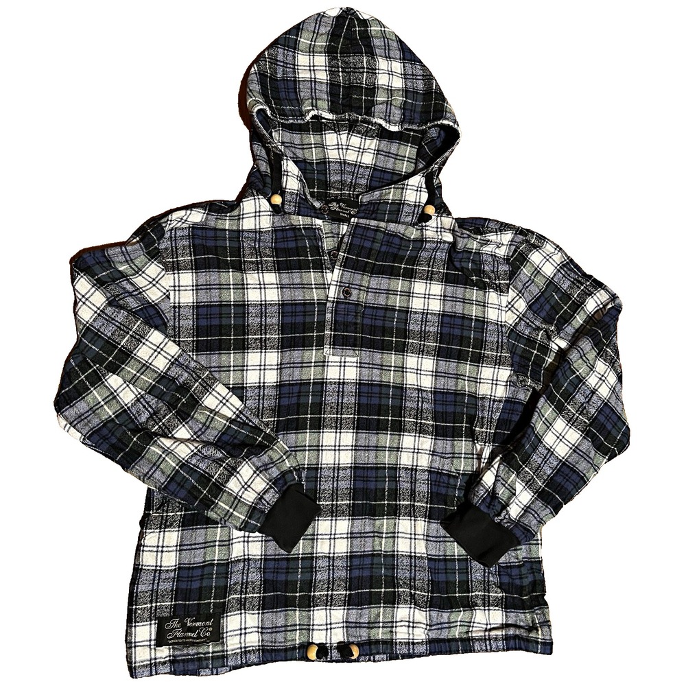 The Vermont Flannel Co Campbell Plaid Hooded Pullover Button Logo Cotton Small
